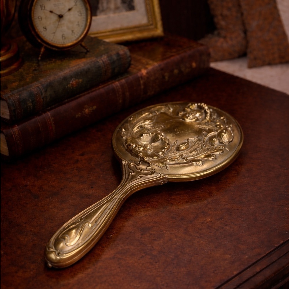 Antique Art Nouveau Repousse Vanity Hand Mirror Maiden Floral